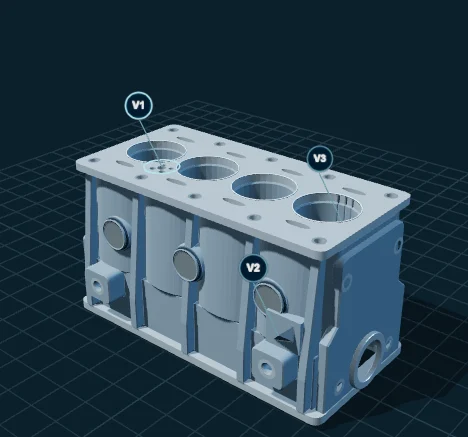 One engine block with inspection points marked on its bores and machined surfaces