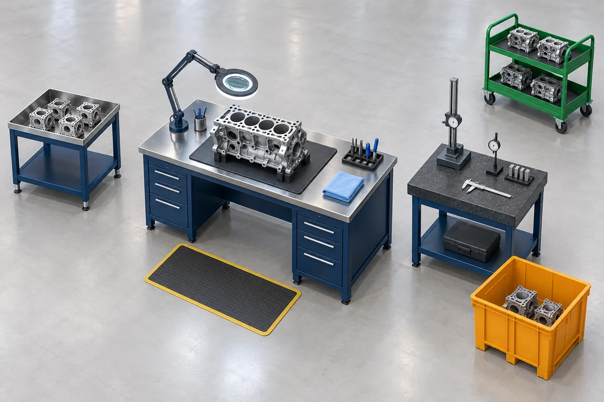 Illustrative final inspection bench with an input tray, lit visual station, measurement bench, accepted trolley and hold bin.