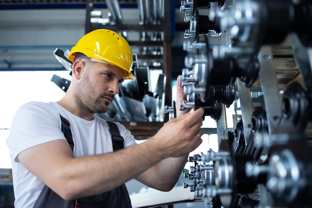 An inspector examining industrial components under workshop lighting